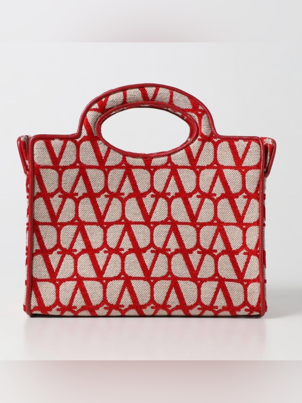 Valentino Red & Cream Logo-Print Tote with Cutout Handle